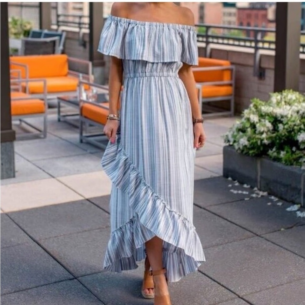 JACK by BB Dakota Off Shoulder Waterfall Ruffle Stripe Tulip Dress